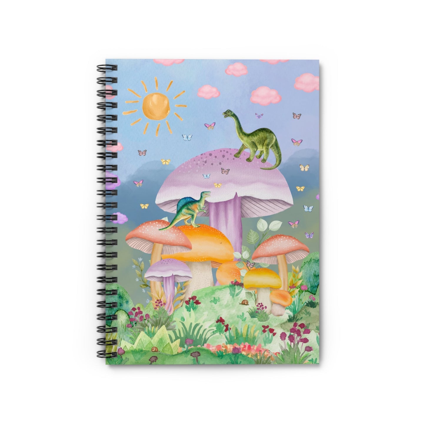Funny Dinosaur Notebook with Mushrooms: Spiral Notebook with Lined Pages
