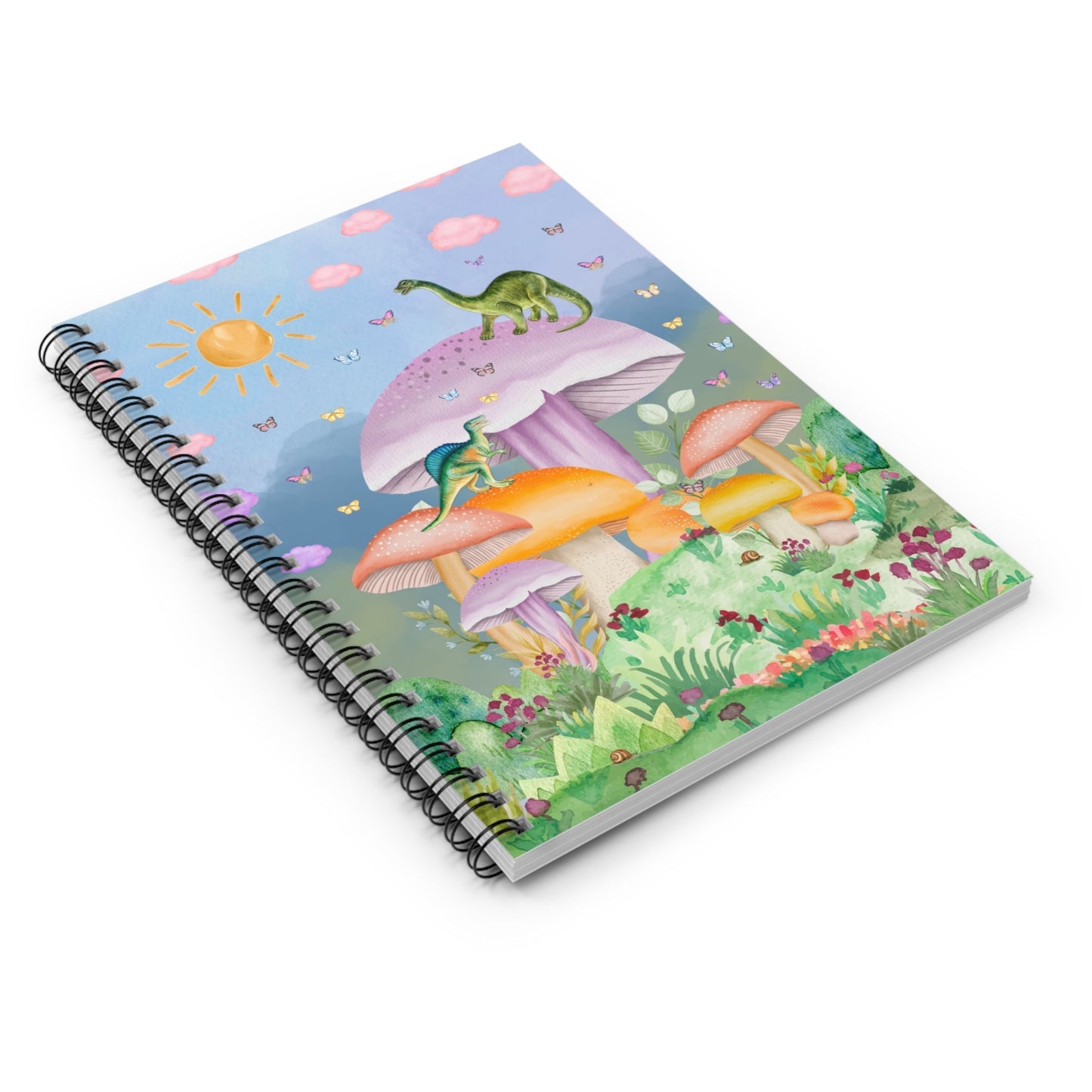 Funny Dinosaur Notebook with Mushrooms: Spiral Notebook with Lined Pages
