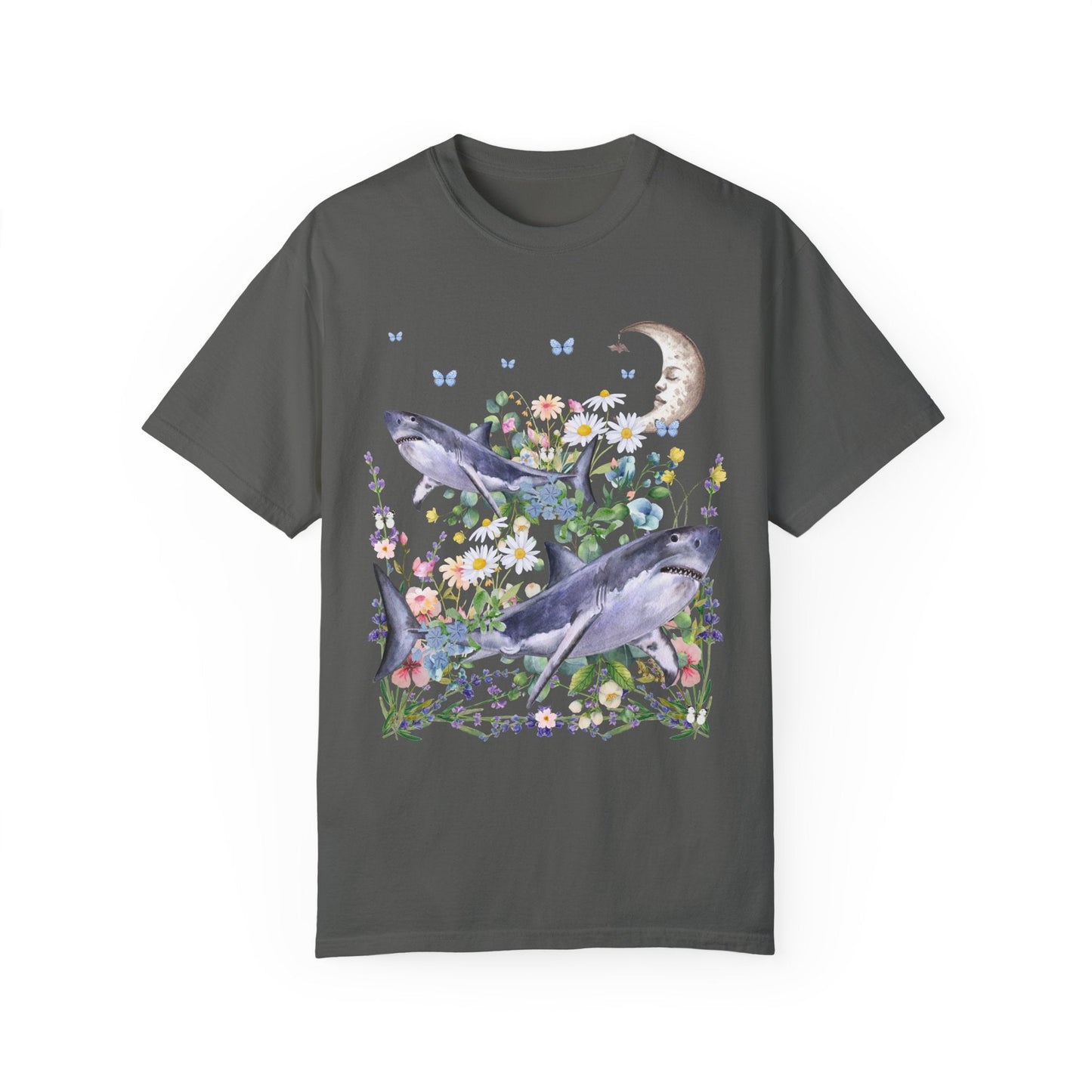 Funny Floral Shark Tee Shirt with Moon