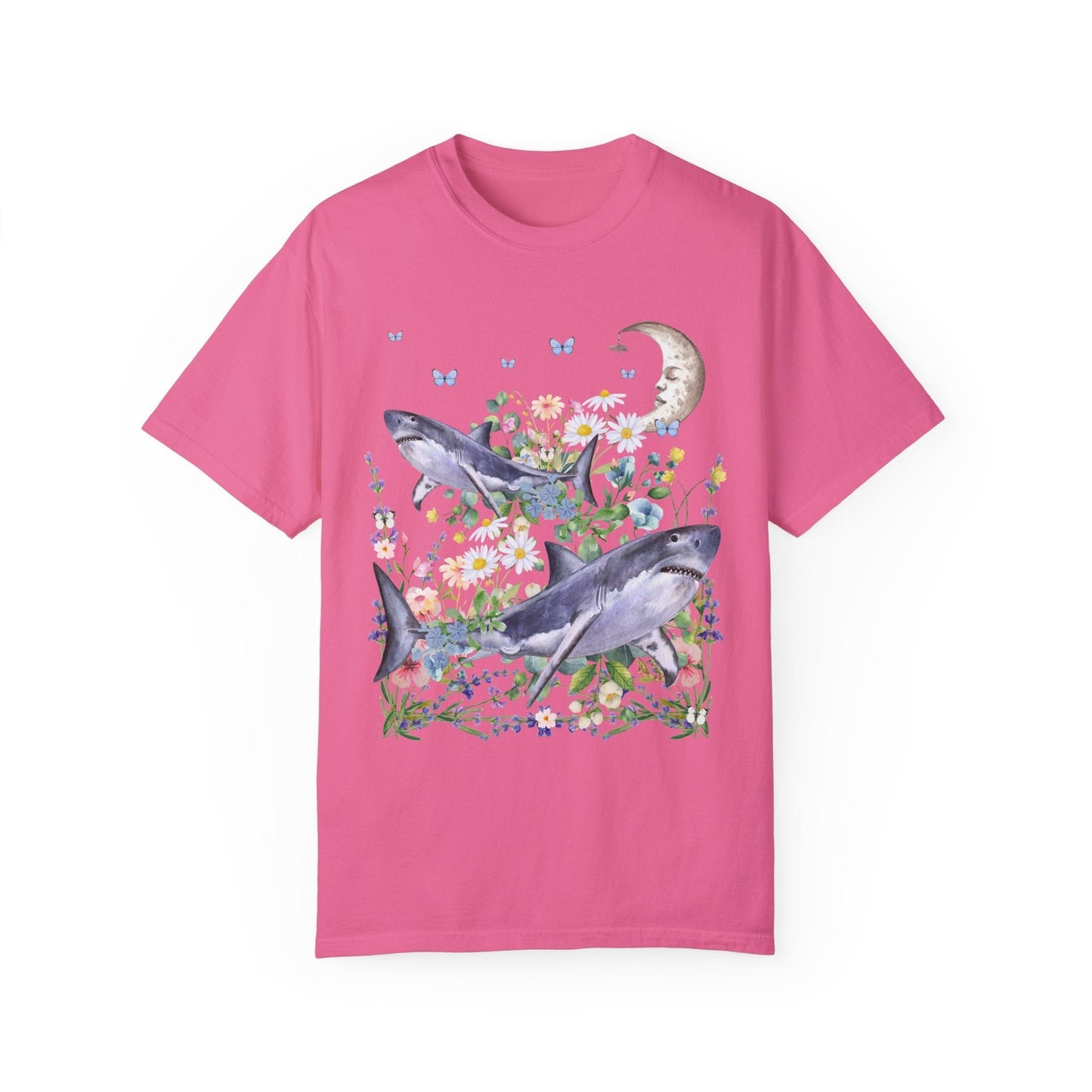 Funny Floral Shark Tee Shirt with Moon