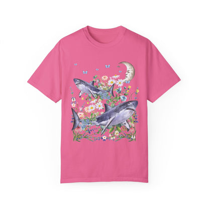 Funny Floral Shark Tee Shirt with Moon