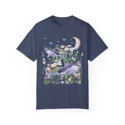Funny Floral Shark Tee Shirt with Moon
