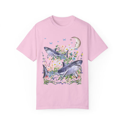 Funny Floral Shark Tee Shirt with Moon