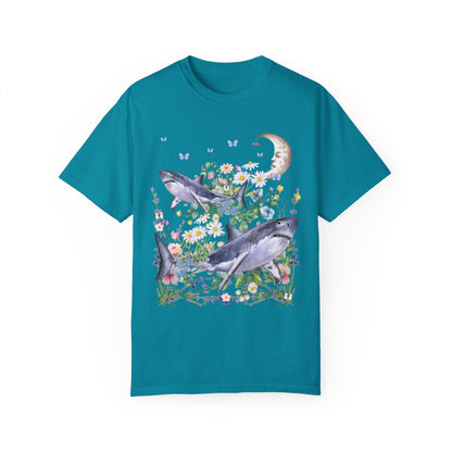 Funny Floral Shark Tee Shirt with Moon