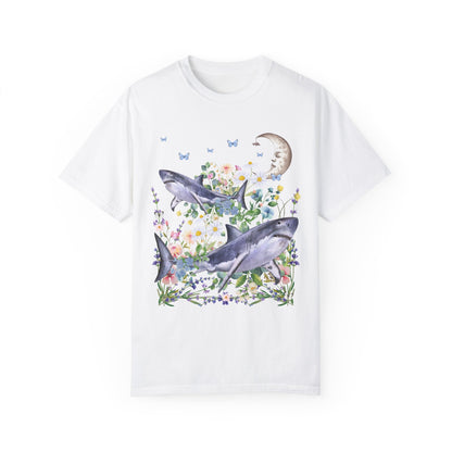 Funny Floral Shark Tee Shirt with Moon