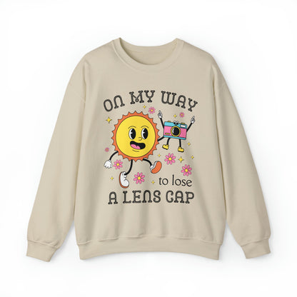 Funny Photographer Crewneck with Retro Flowers and Camera: On My Way To Lose A Lens Cap