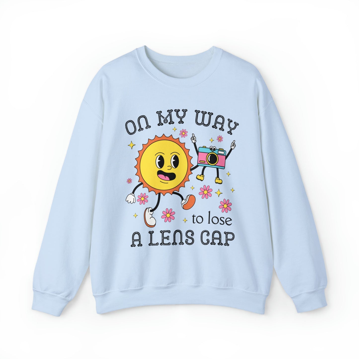 Funny Photographer Crewneck with Retro Flowers and Camera: On My Way To Lose A Lens Cap