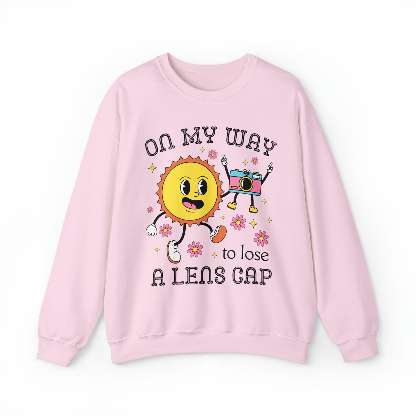 Funny Photographer Crewneck with Retro Flowers and Camera: On My Way To Lose A Lens Cap