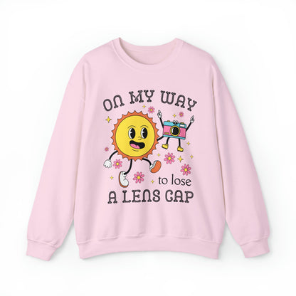 Funny Photographer Crewneck with Retro Flowers and Camera: On My Way To Lose A Lens Cap