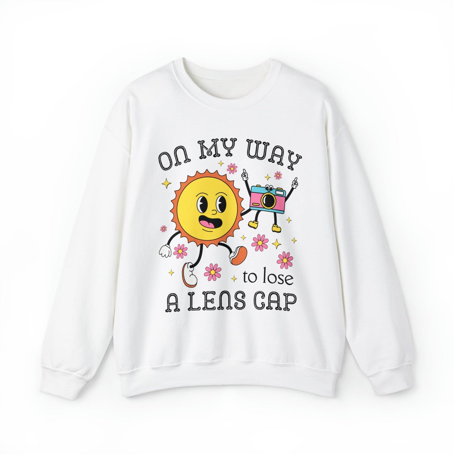 Funny Photographer Crewneck with Retro Flowers and Camera: On My Way To Lose A Lens Cap