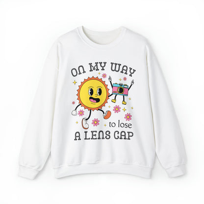Funny Photographer Crewneck with Retro Flowers and Camera: On My Way To Lose A Lens Cap