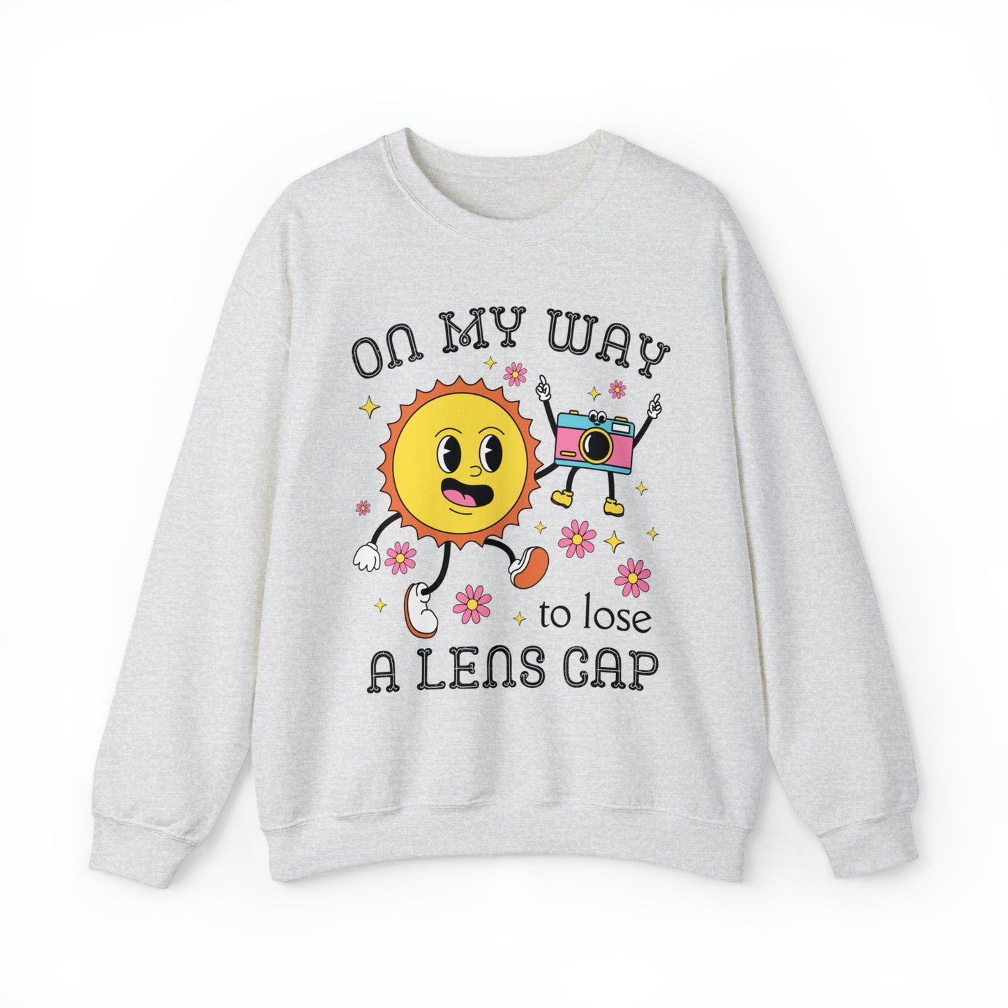 Funny Photographer Crewneck with Retro Flowers and Camera: On My Way To Lose A Lens Cap