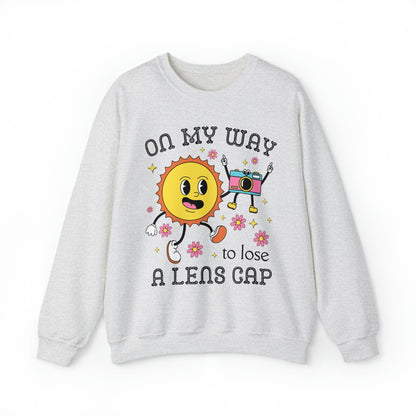 Funny Photographer Crewneck with Retro Flowers and Camera: On My Way To Lose A Lens Cap
