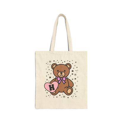 H: Bear Holding a Heart Tote Bag with Initial