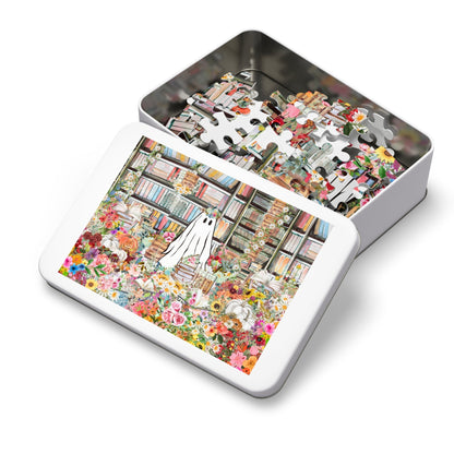 Halloween Ghost Puzzle in Library: Adorable Floral Ghost Surrounded by Books and Flowers