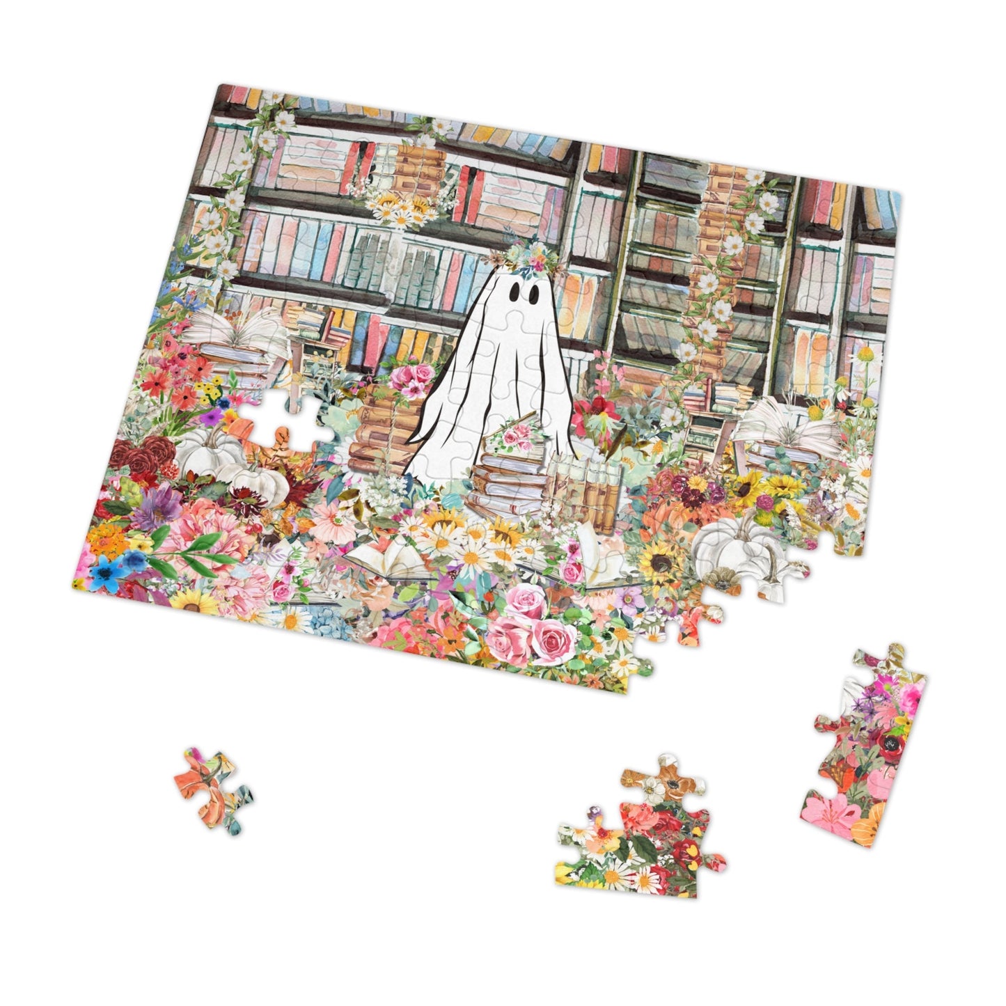 Halloween Ghost Puzzle in Library: Adorable Floral Ghost Surrounded by Books and Flowers