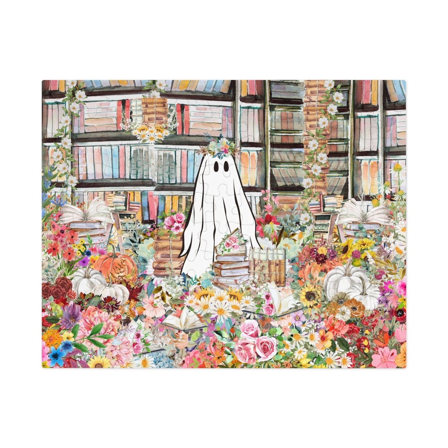 Halloween Ghost Puzzle in Library: Adorable Floral Ghost Surrounded by Books and Flowers