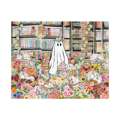 Halloween Ghost Puzzle in Library: Adorable Floral Ghost Surrounded by Books and Flowers