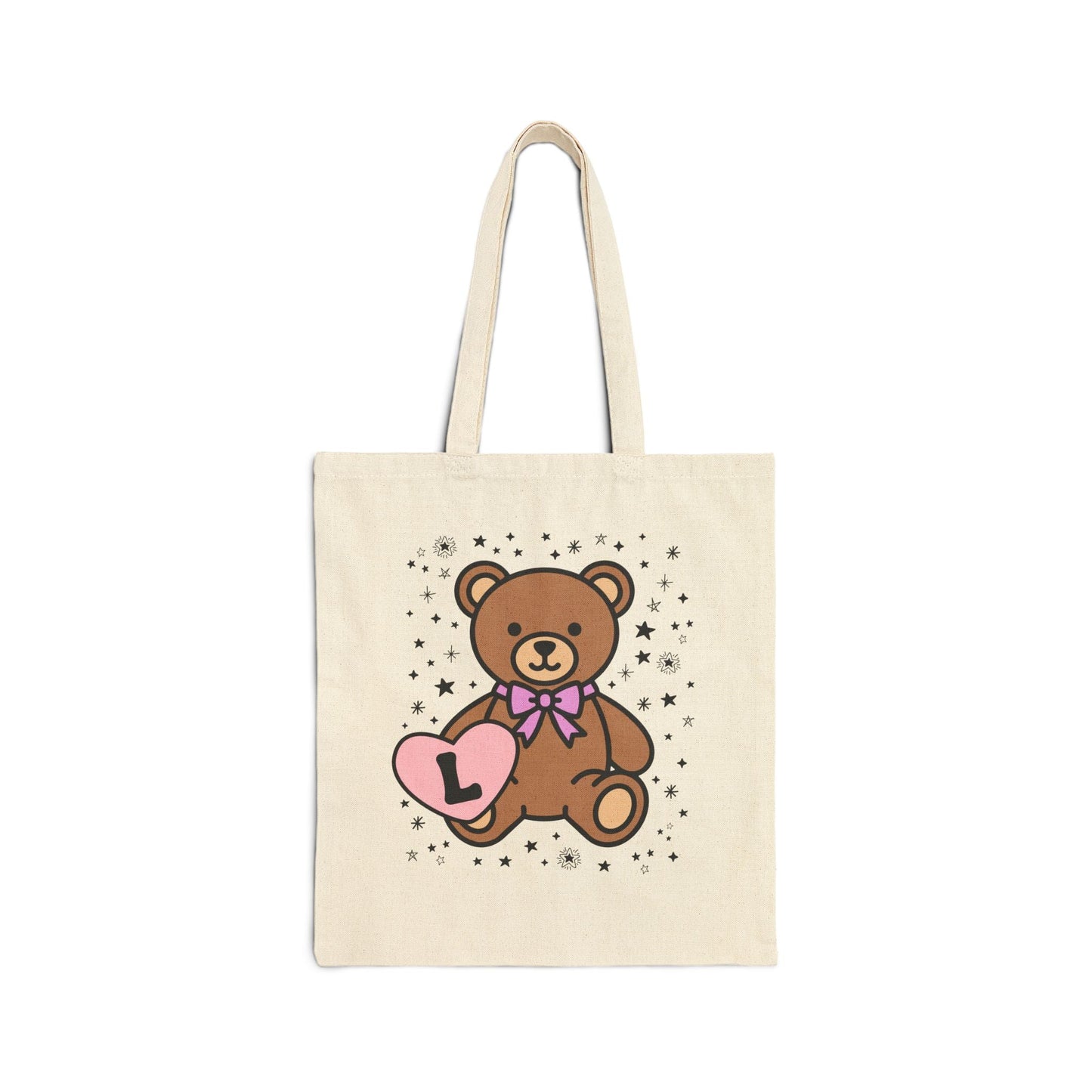 L: Bear Holding a Heart Tote Bag with Initial
