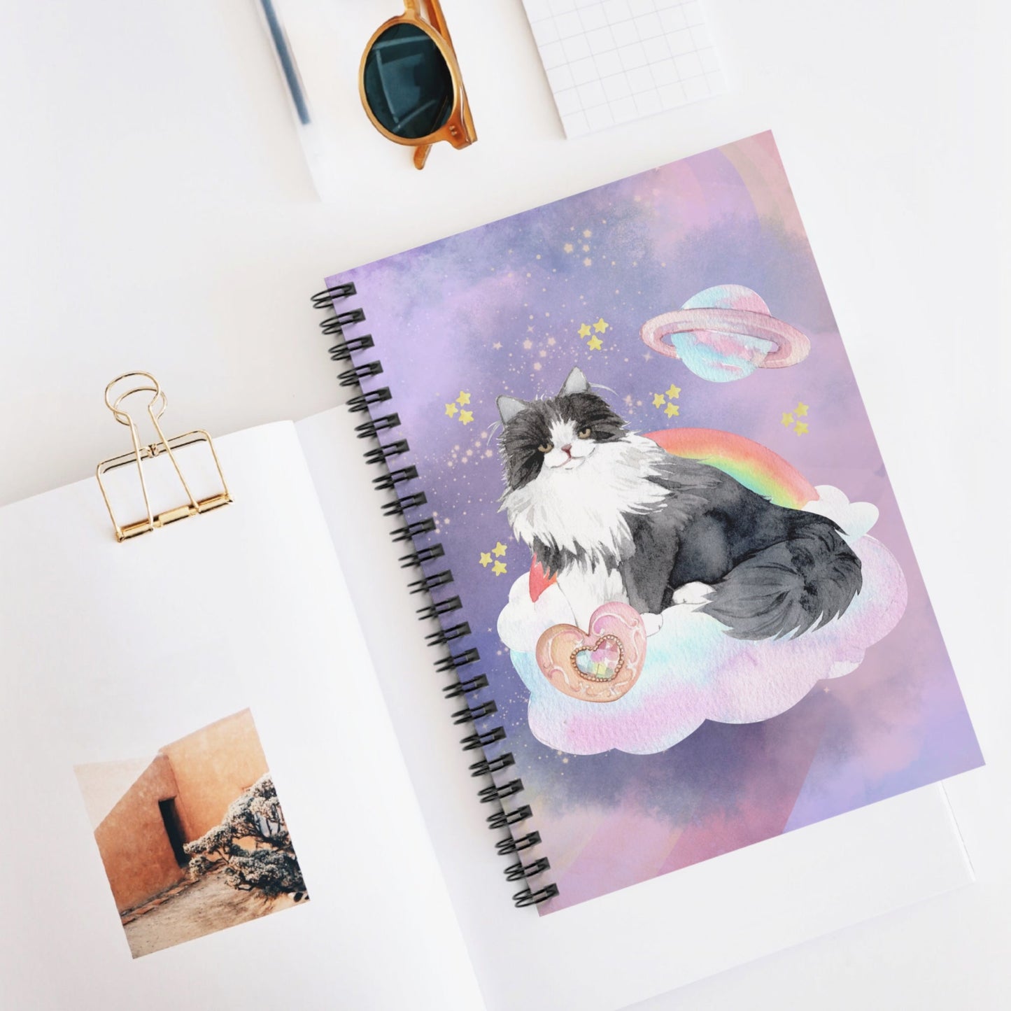 Nineties Aesthetic Space Cat Journal with Mystical Rainbow and Stars