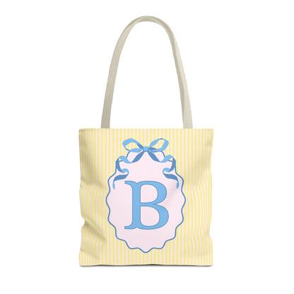 Peppy Initial Tote Bag with Initial and Cute Bow, Boho Hydrangea Flowers: B