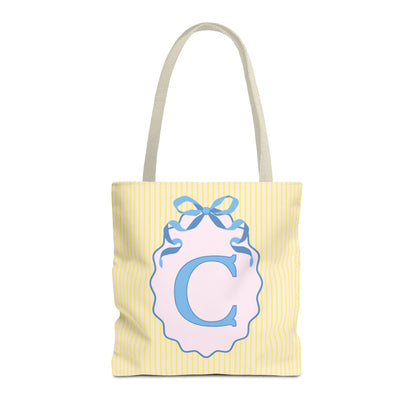 Peppy Initial Tote Bag with Initial and Cute Bow, Boho Hydrangea Flowers: C