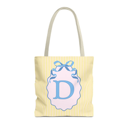 Peppy Initial Tote Bag with Initial and Cute Bow, Boho Hydrangea Flowers: D