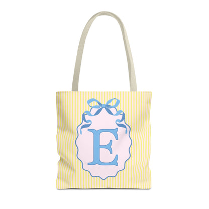 Peppy Initial Tote Bag with Initial and Cute Bow, Boho Hydrangea Flowers: E