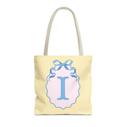 Peppy Initial Tote Bag with Initial and Cute Bow, Boho Hydrangea Flowers: I