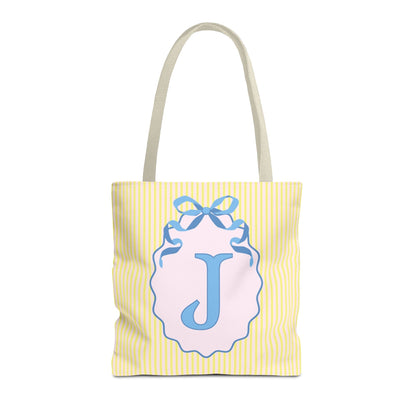 Peppy Initial Tote Bag with Initial and Cute Bow, Boho Hydrangea Flowers: J