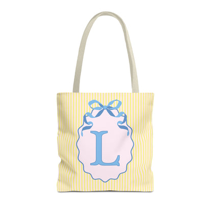 Peppy Initial Tote Bag with Initial and Cute Bow, Boho Hydrangea Flowers: L