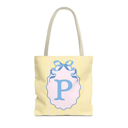 Peppy Initial Tote Bag with Initial and Cute Bow, Boho Hydrangea Flowers: P