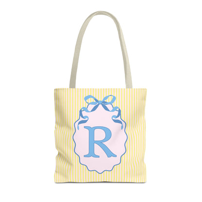 Peppy Initial Tote Bag with Initial and Cute Bow, Boho Hydrangea Flowers: R