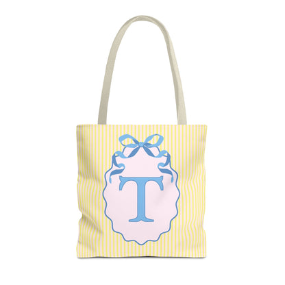 Peppy Initial Tote Bag with Initial and Cute Bow, Boho Hydrangea Flowers: T