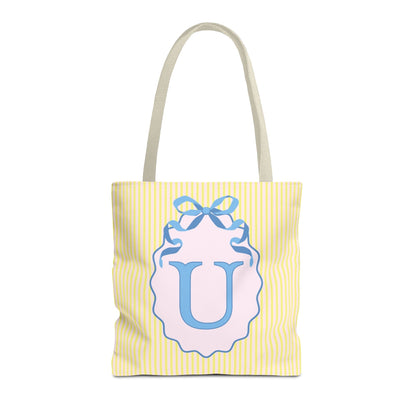 Peppy Initial Tote Bag with Initial and Cute Bow, Boho Hydrangea Flowers: U
