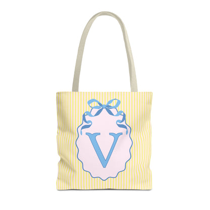 Peppy Initial Tote Bag with Initial and Cute Bow, Boho Hydrangea Flowers: V