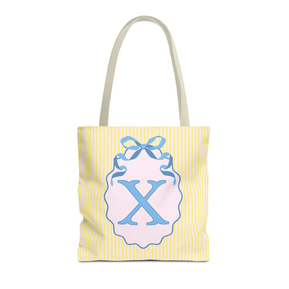 Peppy Initial Tote Bag with Initial and Cute Bow, Boho Hydrangea Flowers: X