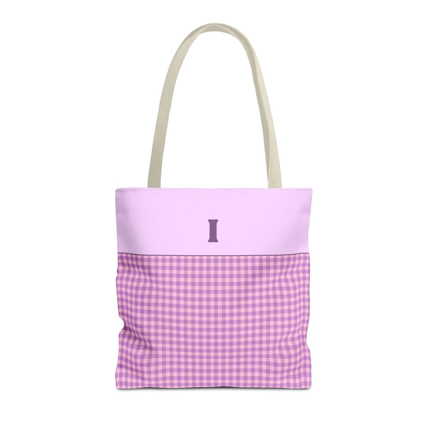 Personalized Initial Tote Bag, Cute Purple Gingham Tote Bag with Initial, Gift for Sister, Matching Wedding or Bachelorette Party Gift: I