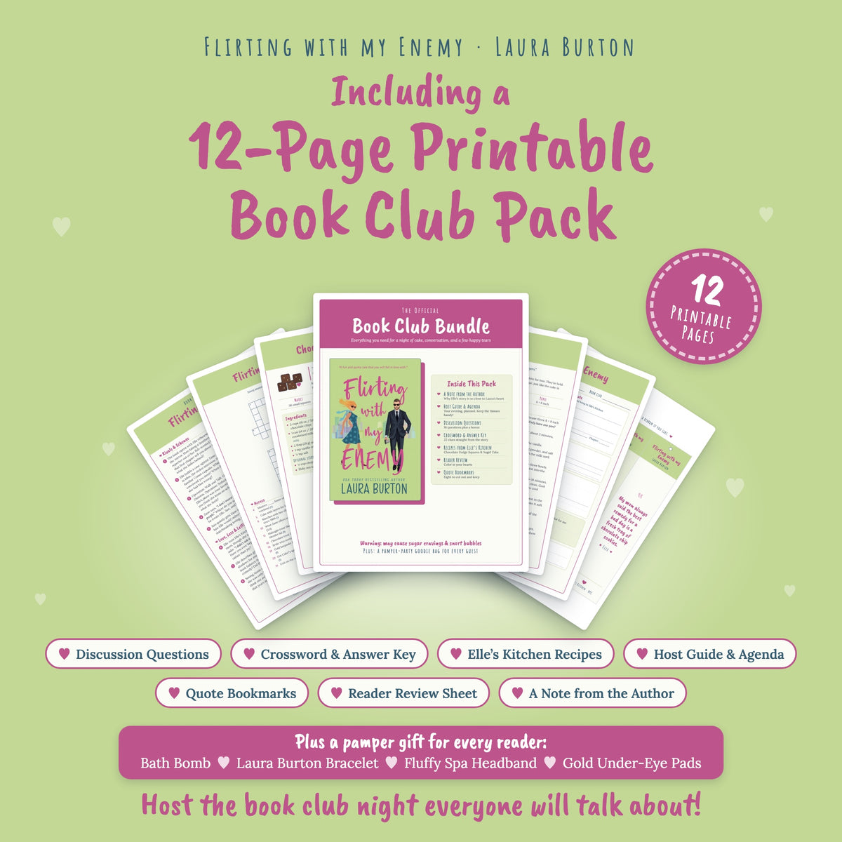 12-page printable book club pack for Flirting with My Enemy: discussion questions, crossword, recipes, host guide, bookmarks and reader review