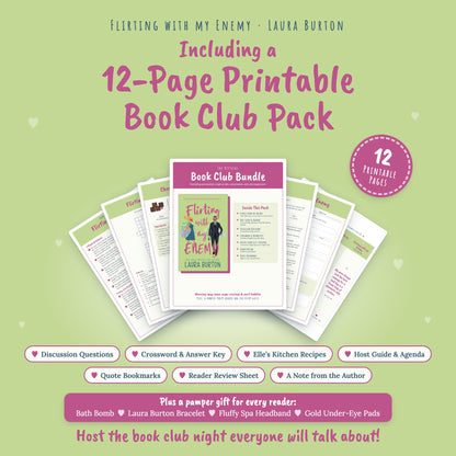 12-page printable book club pack for Flirting with My Enemy: discussion questions, crossword, recipes, host guide, bookmarks and reader review