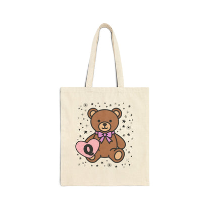 Q: Bear Holding a Heart Tote Bag with Initial