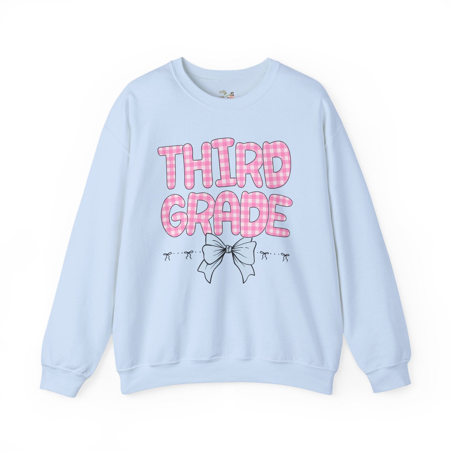 Third Grade Teacher Sweatshirt with Pink Gingham Letters