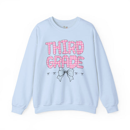 Third Grade Teacher Sweatshirt with Pink Gingham Letters