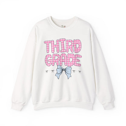 Third Grade Teacher Sweatshirt with Pink Gingham Letters