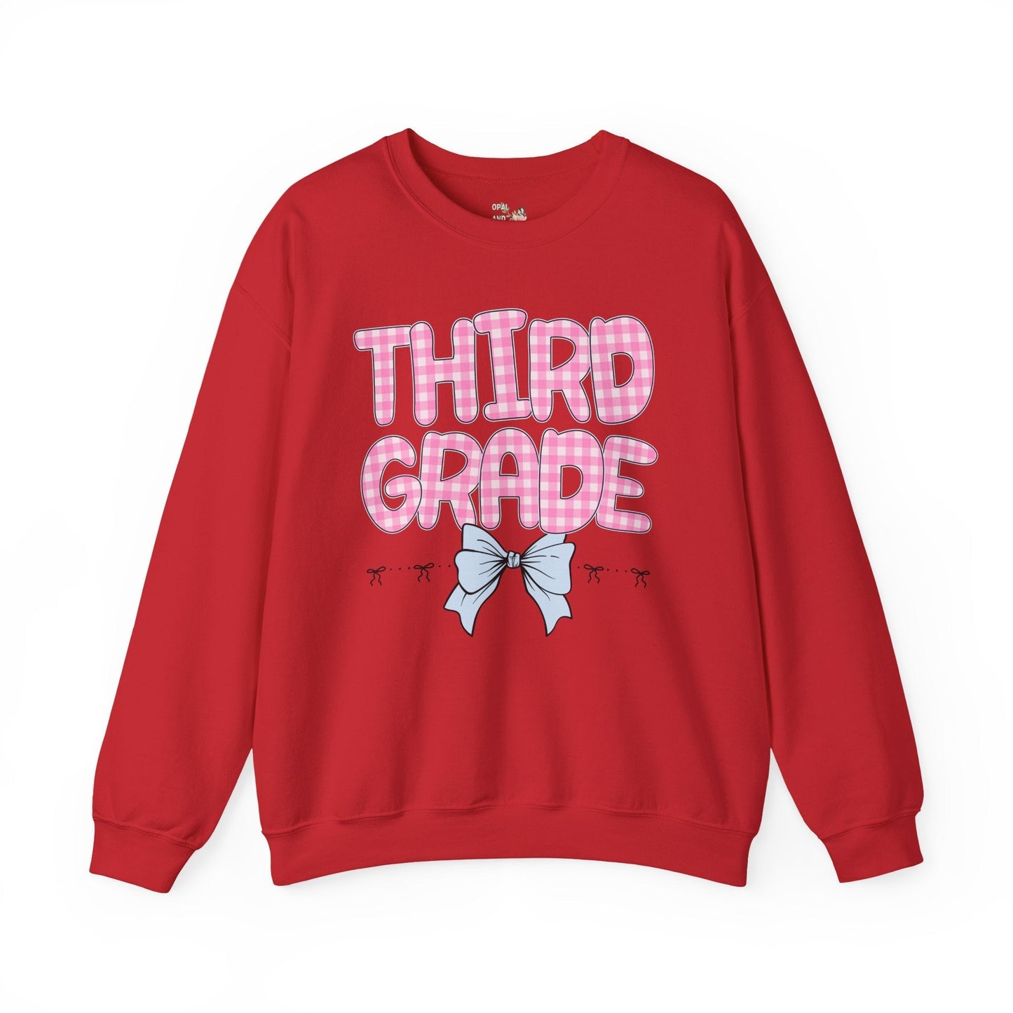 Third Grade Teacher Sweatshirt with Pink Gingham Letters