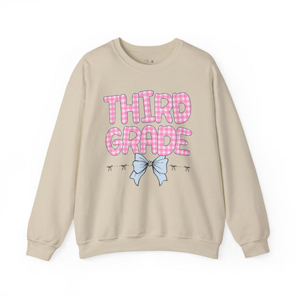 Third Grade Teacher Sweatshirt with Pink Gingham Letters