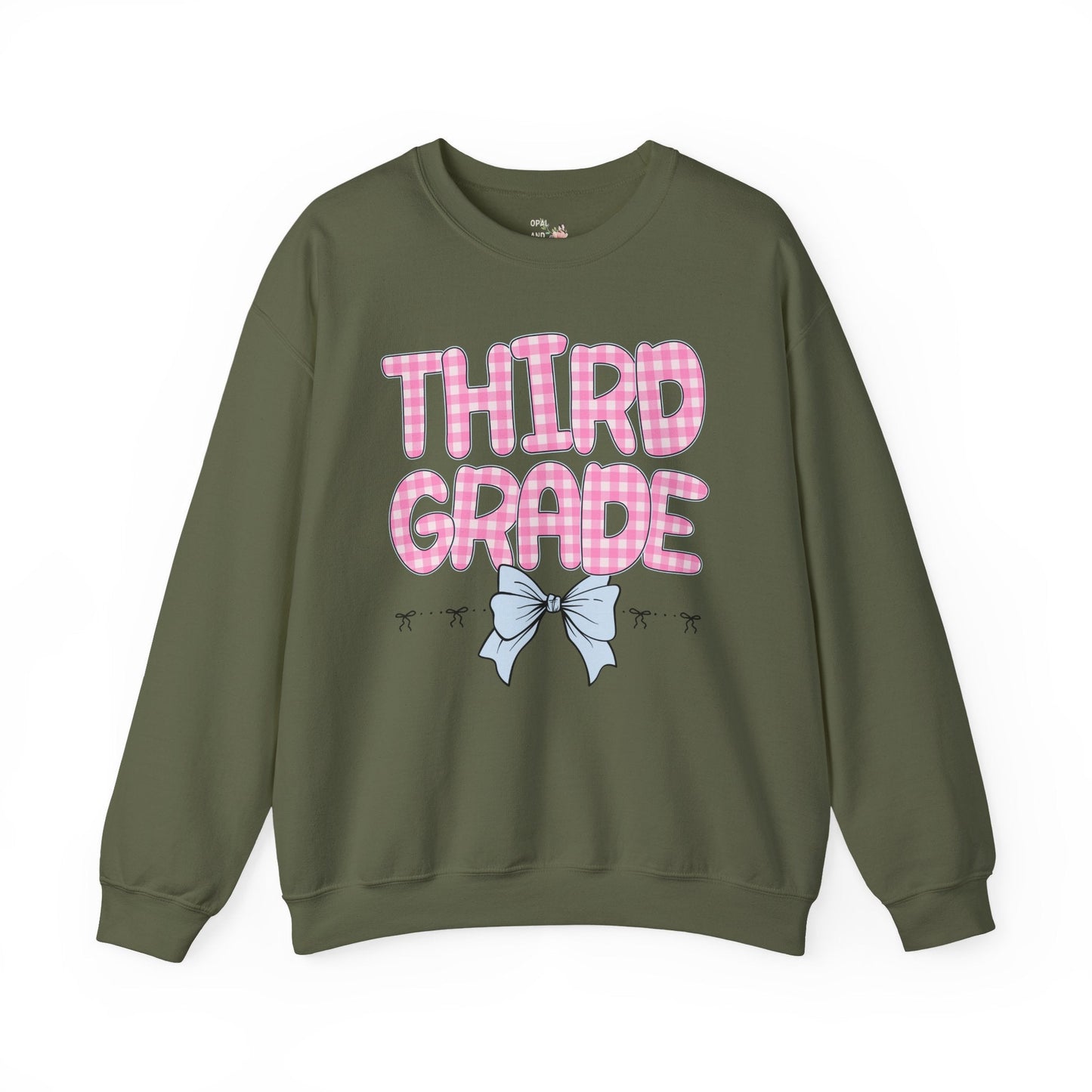 Third Grade Teacher Sweatshirt with Pink Gingham Letters
