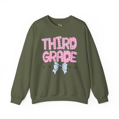 Third Grade Teacher Sweatshirt with Pink Gingham Letters