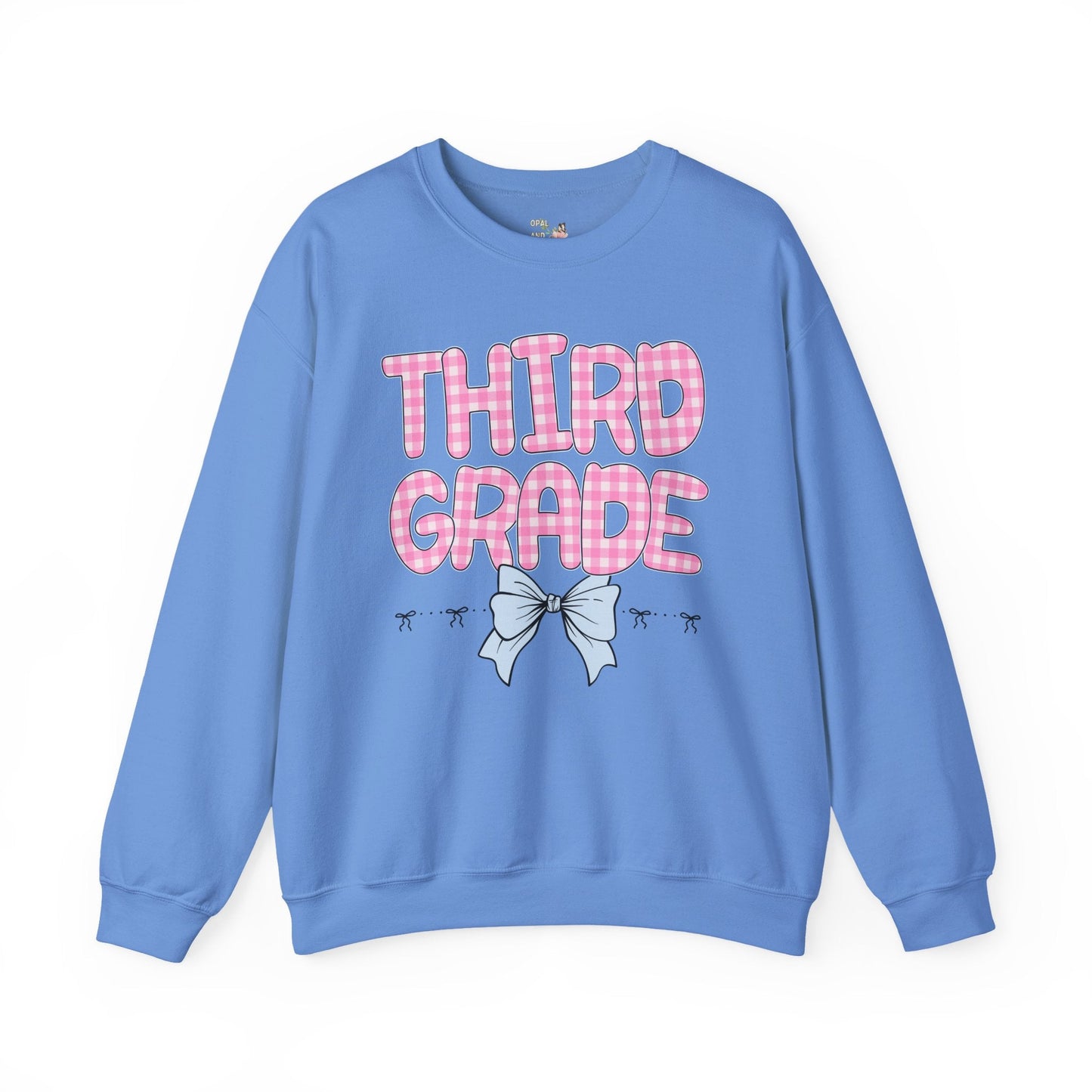 Third Grade Teacher Sweatshirt with Pink Gingham Letters