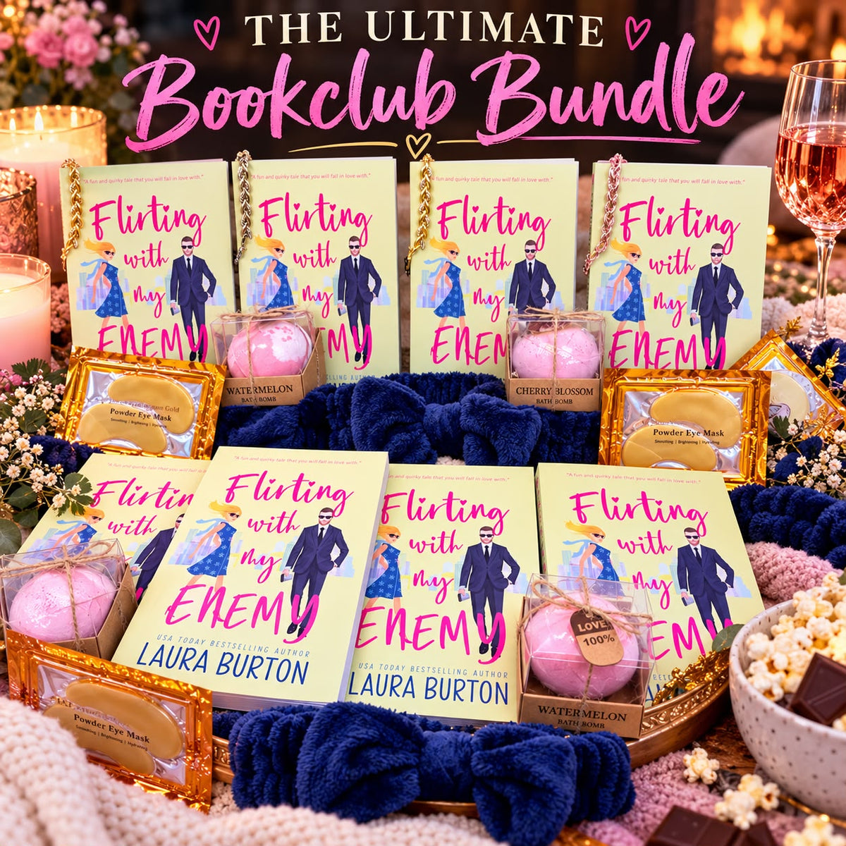 The Ultimate Book Club Bundle: signed copies of Flirting with My Enemy by Laura Burton with bath bombs, gold under-eye pads, fluffy spa headbands and bracelets